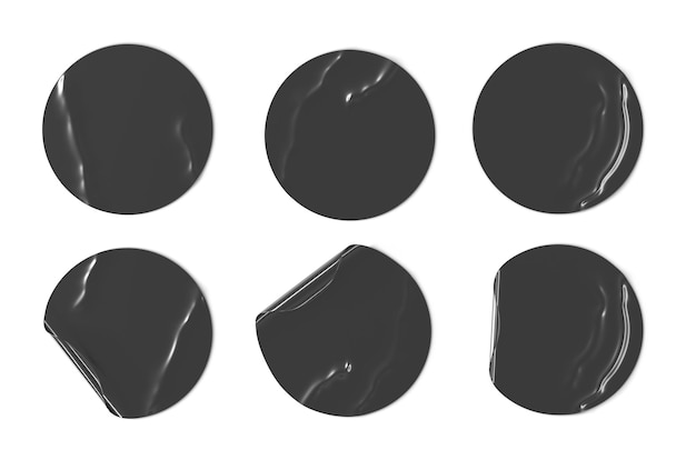 Autocollants ronds noirs avec des rides et des bords bouclés rendu 3d Ensemble réaliste d'étiquettes autocollantes de cercle vierge ou de timbres avec des plis et des coins décollés isolés sur fond blanc
