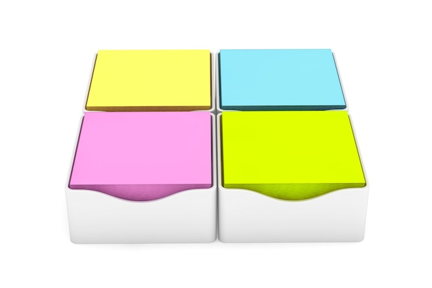 Autocollants Sticky Notes multicolores avec un étui de support sur fond blanc