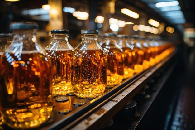 Photo automatisation précise dans l'usine de soda, les bouteilles se remplissent pendant que les machines fonctionnent ia générative