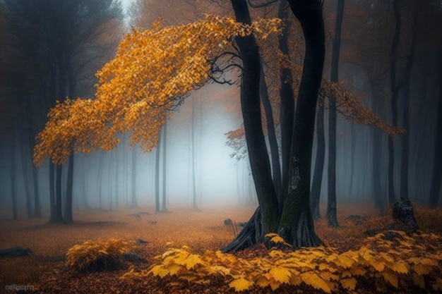 Automne dans le brouillard de la forêt