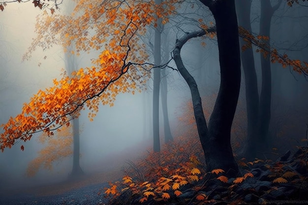 Automne dans le brouillard de la forêt