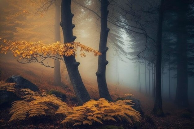 Automne dans le brouillard de la forêt
