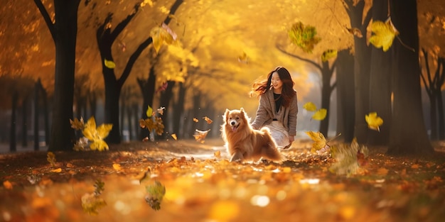 Automne dans le parc de la ville femme marche et joue avec des feuilles jaunes de chien épagneul heureux automne or journée ensoleillée