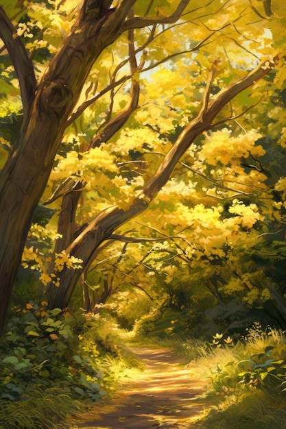 En automne doré, il y a une forêt ancienne avec de grands arbres des deux côtés de la route.