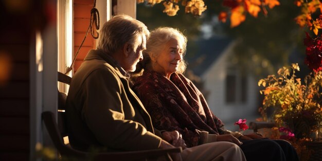 Photo l'automne embrasse un couple de personnes âgées confortablement enveloppés dans une couverture sur une balançoire du porche regardant le gracef