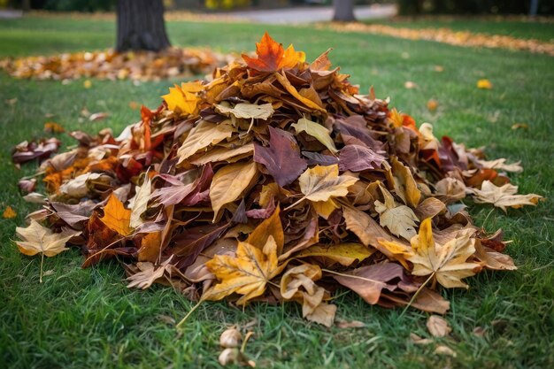 L'automne fait des piles de feuilles sur l'herbe