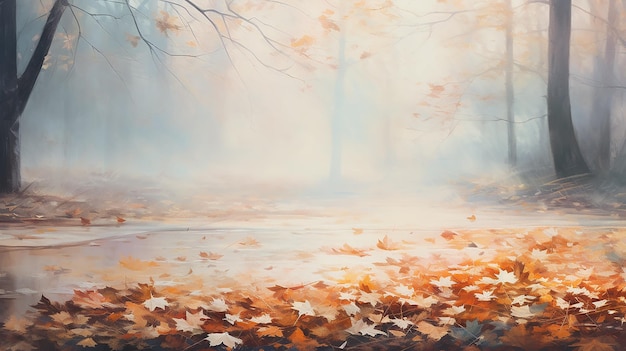 l'automne fond flou matin forêt dans un brouillard ensoleillé jaune feuilles d'automne dessiner peinture en couche