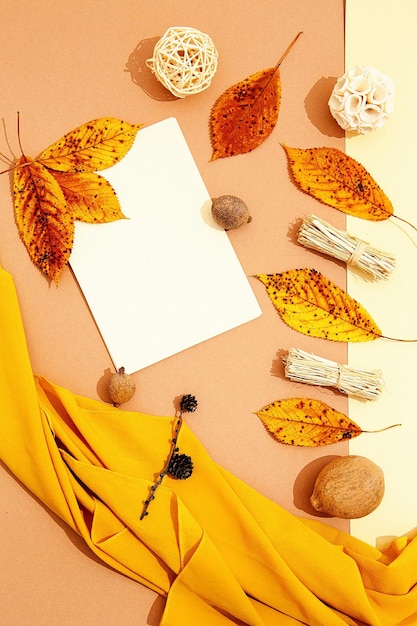 Automne hiver fond minimaliste décor de feuilles d'automne et tissu de soie jaune nuances de couleurs marron jaune beige à la mode fond d'écran de maquette élégant saisonnier