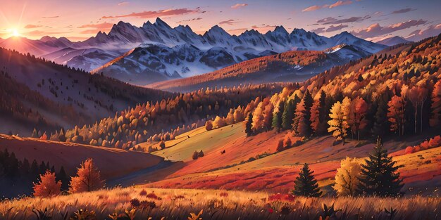 Automne Illustration des champs, des montagnes et du lever du soleil Fond d'écran