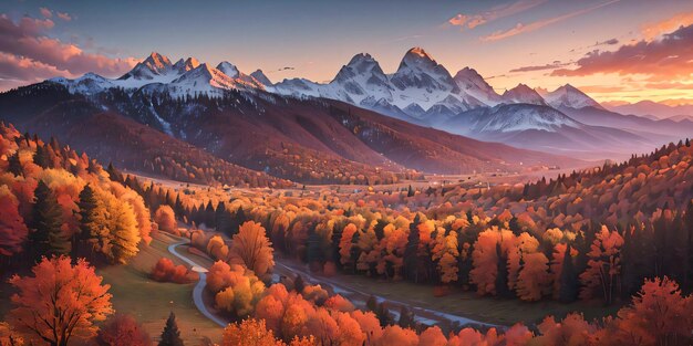 Automne Illustration des champs, des montagnes et du lever du soleil Fond d'écran