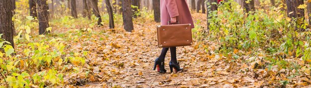 Automne, mode, concept de personnes - gros plan d'une femme avec une valise rétro marron marchant dans le parc d'automne