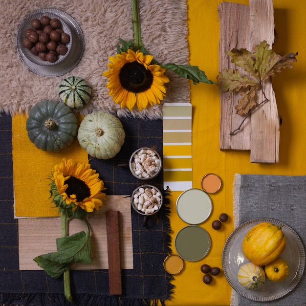 Automne nature morte avec citrouilles et plaids