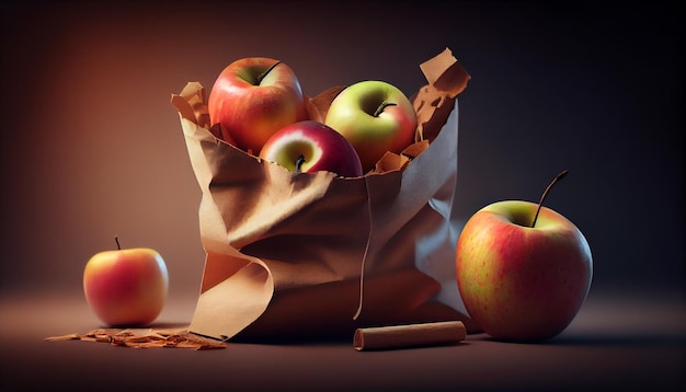 Automne nature morte avec des pommes dans un sac en papier sur une table en bois ai générative