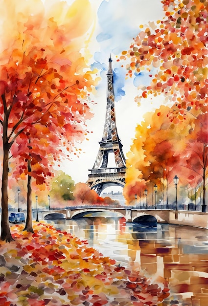 L'automne à Paris aquarelle tour Eiffel et feuillage