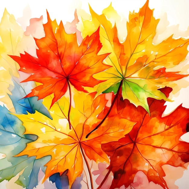 L'automne ravit les feuilles d'aquarelle flottant sur un fond blanc générées par l'IA