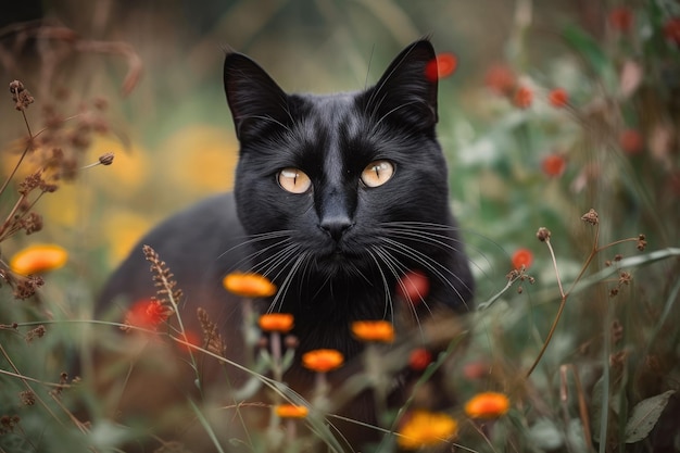 Automne sur le terrain avec un chat noir dans l'herbe