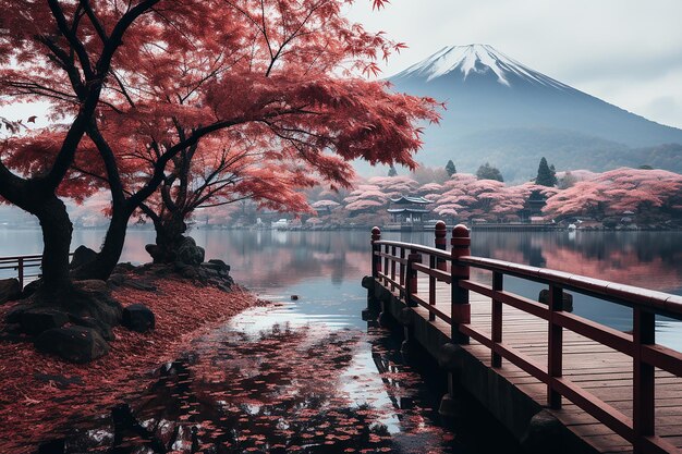 Photo l'automne vibrant du mont fuji le matin brumeux dans le cramoisi