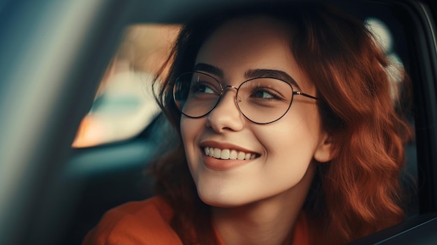 Une automobile heureuse pour une gentille jeune femme Considérez une jolie jeune femme conduisant une voiture et souriante Portrait d'IA générative d'une voiture de direction avec une conductrice joyeuse