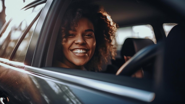 Une automobile heureuse pour une gentille jeune femme Considérez une jolie jeune femme conduisant une voiture et souriante Portrait d'IA générative d'une voiture de direction avec une conductrice joyeuse