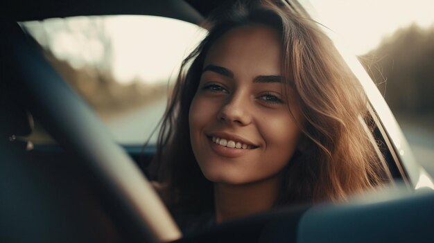 Une automobile heureuse pour une gentille jeune femme Considérez une jolie jeune femme conduisant une voiture et souriante Portrait d'IA générative d'une voiture de direction avec une conductrice joyeuse