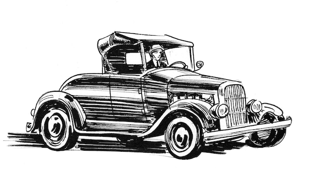 Automobile rétro. Dessin noir et blanc à l'encre