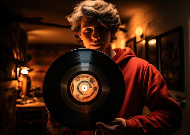 Un autoportrait d'une personne tenant son disque de vinyle préféré capturant son véritable enthousiasme