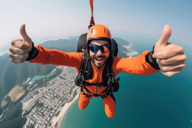 Autoportrait d'un sauteur de base en vol depuis l'air avec une combinaison d'aéronef.