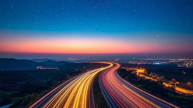 Photo une autoroute animée se tissant à travers la campagne sous un ciel étoilé incarnant le mouvement et la connectivité vibrante mystérieuse ia générative