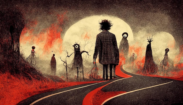 Autoroute apocalyptique vers l'enfer La vie après la mort illustration de concept religieux Illustration 3D