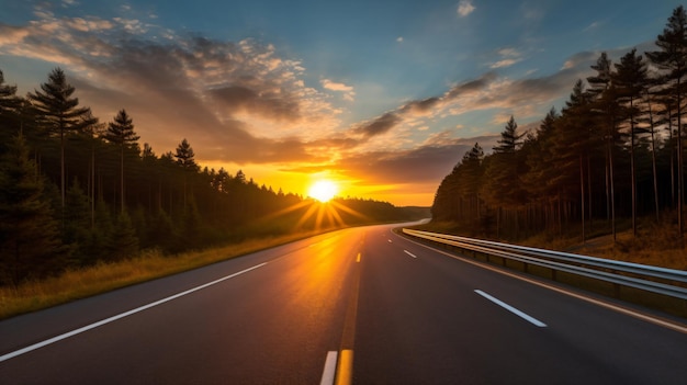 Une autoroute avec un coucher de soleil en arrière-plan