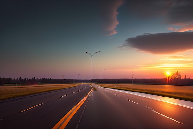 Une autoroute avec un coucher de soleil en arrière-plan