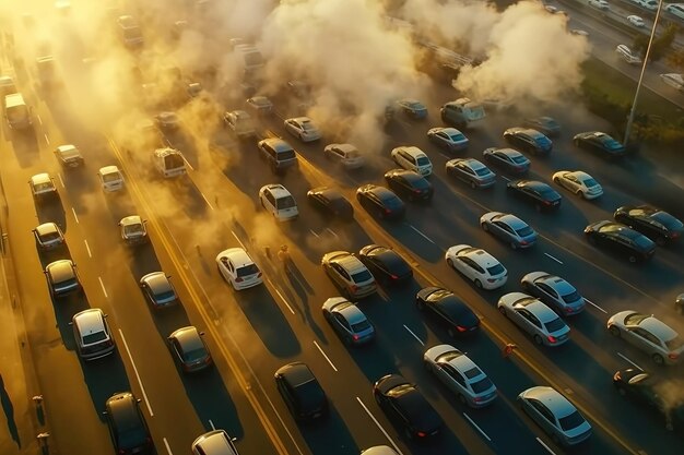 L'autoroute entourée d'une circulation de voitures lourdes avec des fumées d'échappement autour de la question de l'utilisation massive de véhicules à moteur à combustion interne et des émissions de substances nocives dans l'atmosphère