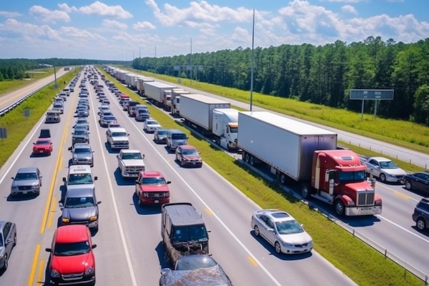 Photo une autoroute avec un groupe de camions et un qui a un rouge qui dit camion
