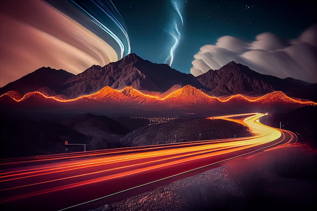 Autoroute longue exposition la nuit avec des lignes lumineuses de la voiture AI générative AI générative