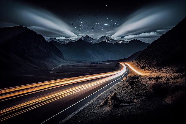 Autoroute longue exposition la nuit avec des lignes lumineuses de la voiture AI générative AI générative