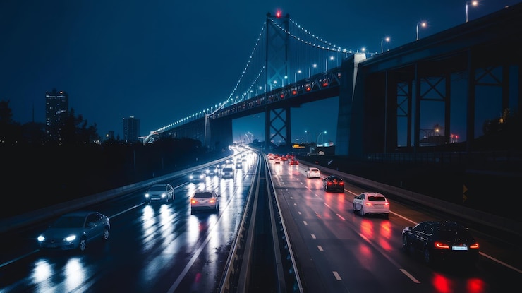 Photo l'autoroute menant au grand pont et les lumières des voitures la nuit.