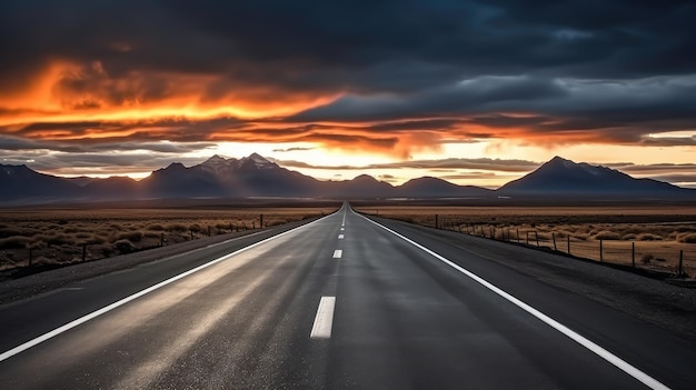 Une autoroute mène au loin à l'extérieur au coucher du soleil