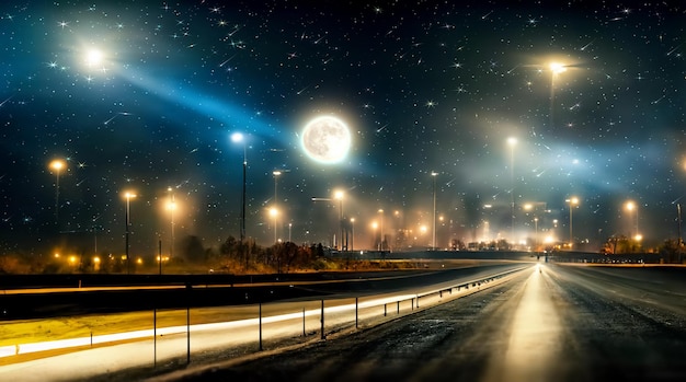 autoroute la nuit, lumière de la ville réflexion floue sur le ciel étoilé de la route d'horizon et la nuit de la lune