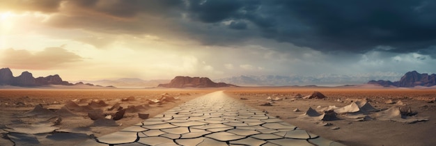 Autoroute orageuse fissurée dans un désert désert avec texture de grain et rayures
