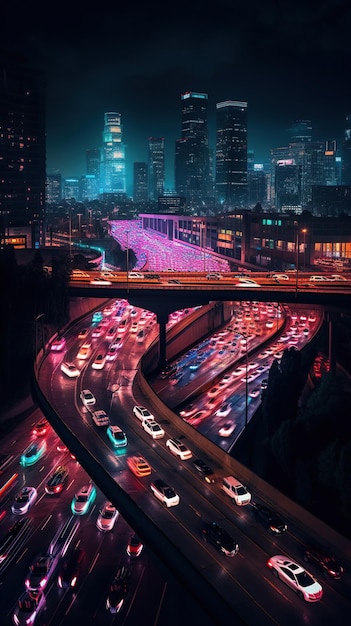 Autoroute et paysage urbain la nuit AI générative