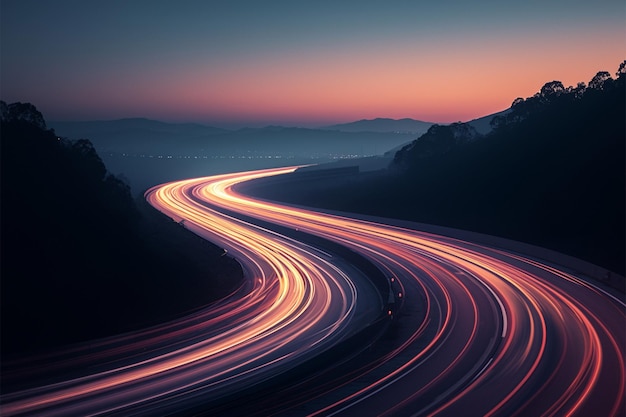 Les autoroutes nocturnes Les pistes lumineuses des voitures créent une lueur hypnotisante de la route