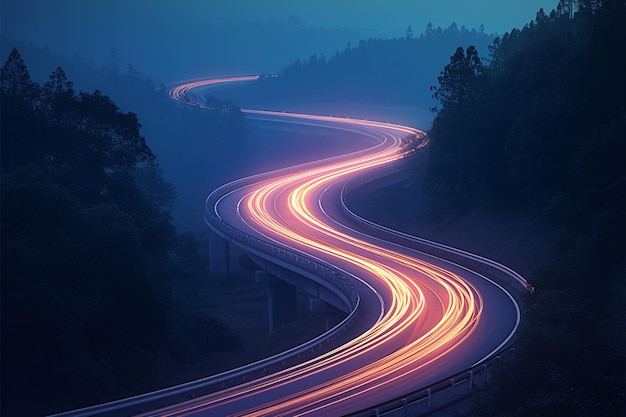 Les autoroutes nocturnes Les pistes lumineuses des voitures créent une lueur hypnotisante de la route