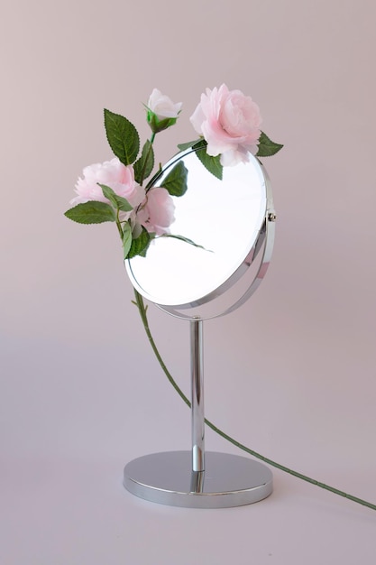 Autour des fleurs rondes de miroir avec une longue jambe incurvée le concept de l'esthétique