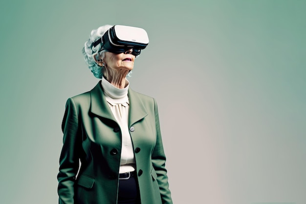 Une autre réalité est ici Ancienne femme d'affaires dans un casque VR Simulateur de réalité virtuelle Avancement technologique dans les affaires Generative AI