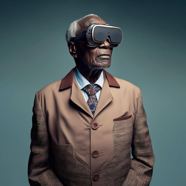 Une autre réalité est ici Beau vieil homme africain dans un casque VR debout sur un fond gris Generative AI
