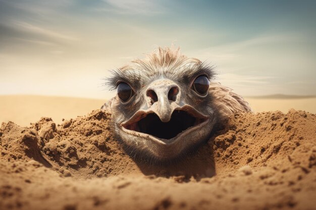 L'autruche dans le désert au coucher du soleil illustration 3D Une autruche effrayée enfouissant sa tête dans le sable concept généré par l'IA