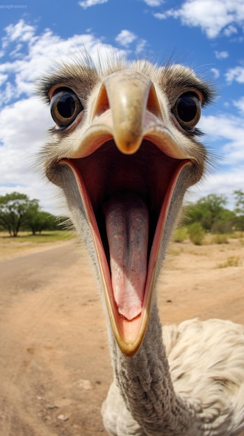 L'autruche touche la caméra en prenant un selfie Un selfie drôle d'animal