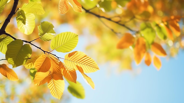 Autumn abstract background branche d'orme avec des feuilles jaunes sur un fond avec un espace de copie ciel d'octobre