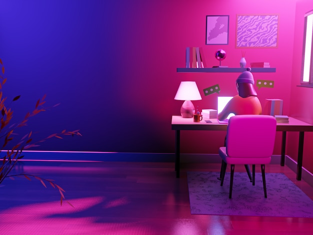 Aux cheveux bruns femme assise et travaillant avec un ordinateur portable à la maison. Résumé concept art style de vie d'un jeune pigiste travaillant à domicile, plant.3d render.