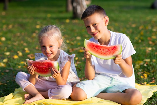 Aux enfants mignons lttle garçon et fille mangeant de la pastèque juteuse dans le pique-nique au pré du parc d'automne.